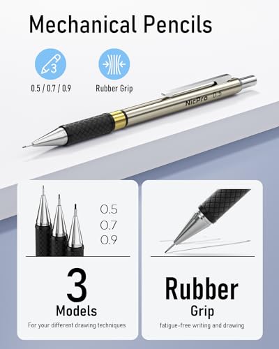 Nicpro Gold Art Mechanical Pencil Set, Metal Drafting Pencil 0.5, 0.7, 0.9mm & 2mm Lead Holder(2B HB 2H) For Sketching Drawing With Lead Refills Case - color: Gold