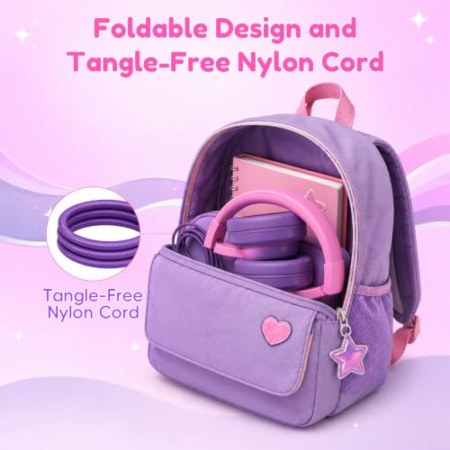Candy Bila Kids Headphones, Wired Headphones for Kids Over Ear with Microphone, 85/94dB Volume Headphone for Girls Boys, Foldable Headphone for Learning & Entertainment, Deep Purple and Pink - color: Deep Purple and Pink