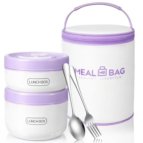 Dandat 2 Pcs Portable Insulated Lunch Containers Thermal Bento Box with Bag Fork Knife Stainless Steel Lunch Box 15.2 oz 21 oz Separate Stackable Food Jar for Adult Men Women(Purple) - color: Purple