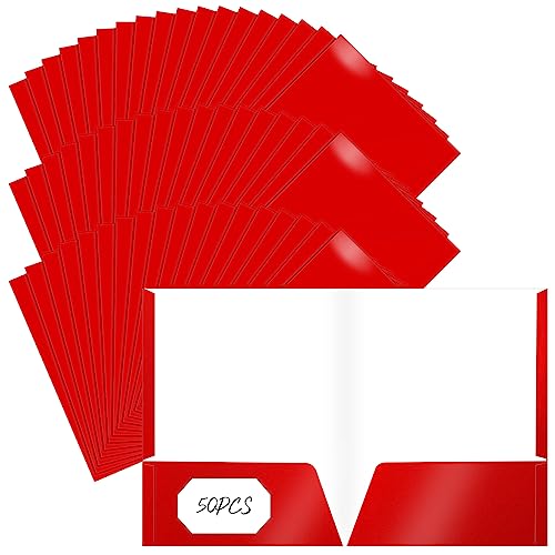 Jutom 50 Pcs 2 Pocket Glossy Paper Folders Glossy Paper Laminated Portfolios, Letter Size, Presentation Folders with Pockets for Office Teacher Worker Supplies(Red Color) - color: Red Color