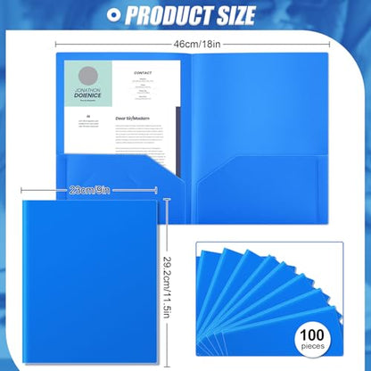 Gueevin 100 Pack Plastic Folder with Pockets, 2 Pocket Folders, Plastic Glossy Folders Fit Letter Size Paper, Heavy Duty Durable File Folder with Business Card for Home Office School (Blue) - color: Blue