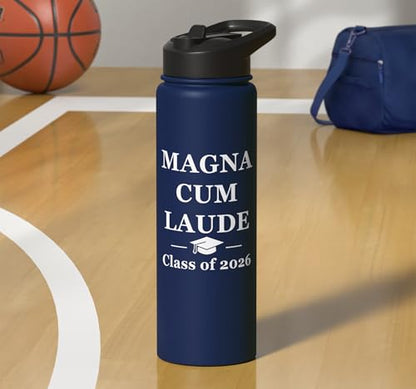 Magna Cum Laude Class Of 2026 Distinction Degree Graduation Stainless Steel Insulated Water Bottle - color: Navy Blue