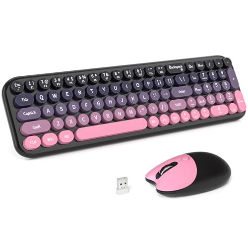 Wireless Keyboards Mouse Combos, 2.4G USB Cordless Keyboard Mouse Set with Colorful Round Retro Keycaps, Typewriter Full-Size Keyboard for PC Laptop Desktop Computer Home Office-Plum Pink Gradient - color: Plum Pink-1