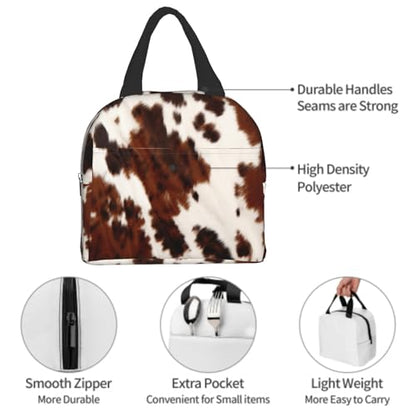 Nerxy Insulated Lunch Bag 8x5x8.5inch Cow Skin Print Lunch Box Abstract Africa Animal Farm Fashion Reusable Meal Portable Container Tote for Woman Men Kids Adults Work School Travel Office Picnic - color: Cow