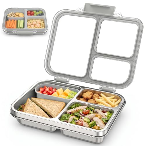 Stainless Steel Bento Box for Kids, 3-Compartment Metal Lunch Box with Clear Lid & Removable Silicone, Lunch Box Kids with Silicone Inner Container for Meal Prep, School, Office (Grey) - color: Grey
