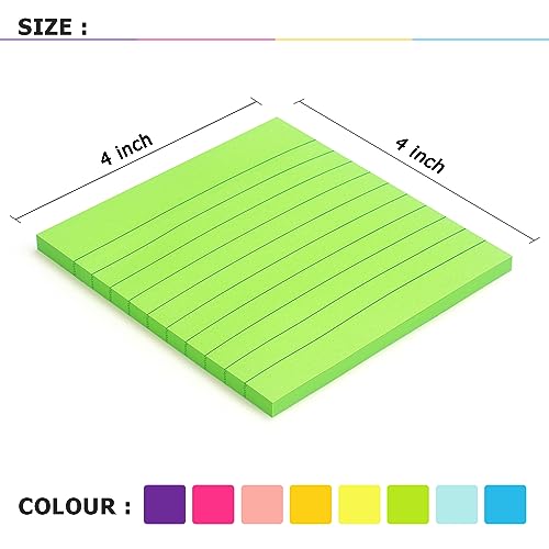 Eastern Wolf Lined Sticky Notes, 4x4in, 8 Bright Colors Pads, 50 Sheets/Pad | Self-Stick & Removable, Office/School/Home Use - color: 4x4 8 Pads