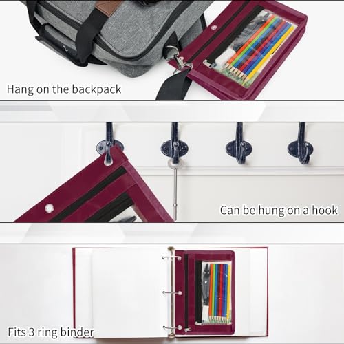 YoeeJob 2 Pack 1 Inch Expandable Zipper Pencil Pouches with Clear Window for 3 Ring Binder, Suitable for School & Office（Wine-red） - color: Wine-red