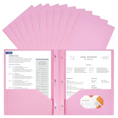 AHANDMAKER 12 Pack Plastic Folders with Pockets and Prongs, Durable 2 Pocket Project File Folders with 3 Prong Fasteners for Letter Size Papers Home School Office Business Use, Pink - color: Pink