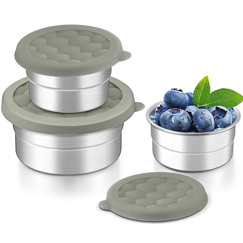 HaWare Stainless Steel Food Storage Containers with Silicone Lids, Leak-Proof Metal Snack Containers, Small Round Lunch Box for Kids Adults, Stackable & Reusable Meal Prep Containers, Set of 3, Grey - color: Gray, size: 3 Sizes