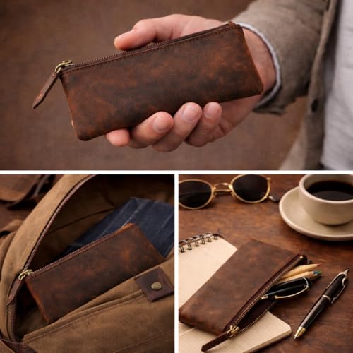 Leather Pen Pencil Case, Zip Pouch, Accessories holder, Stationery Bag, Classic Handmade Design (Vintage Brown)