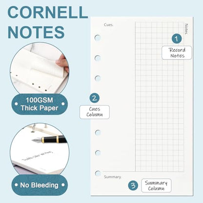 Toplive A6 Refill Paper, A6 Cornell Notetaking System Filler Paper, 6 Holes Notebook Binder Inserts Loose Leaf Paper 160 Sheets, for Business Meeting College Study Reading Notes - style: Cornell Notes 2 Pack