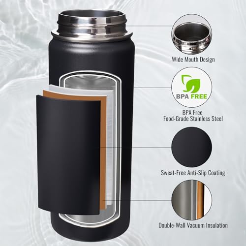 Fijinhom Insulated Water Bottle with Handle, 304 Stainless Steel Water Bottles with Wide Mouth, Double Wall Vacuum Sports Water Bottle, BPA Free, Keep Cold and Hot, 18 Ounces, Black - color: Black, size: 18 Ounces
