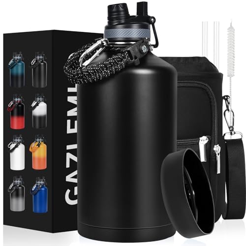 GAZLEMHO 1 Gallon Water Bottle Insulated 128oz Stainless Steel Jug | Leak Proof Metal Canteen with Straw Spout 2-in-1 Lid, Sleeve, Paracord Handle, Silicone Boot for Gym Sports, Black Red - color: Black, size: 128 Ounces