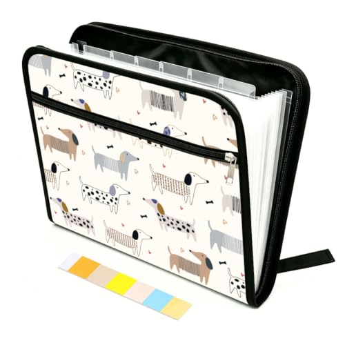 WEBEEDY 13 Pockets Expanding File Folder Cute Dachshund Accordion File Organizer with Labels and Zipper, Adorable Dog Bone Prints Document Organiser Portable for A4 Paper Receipt Paperwork Office - color: Dachshunds