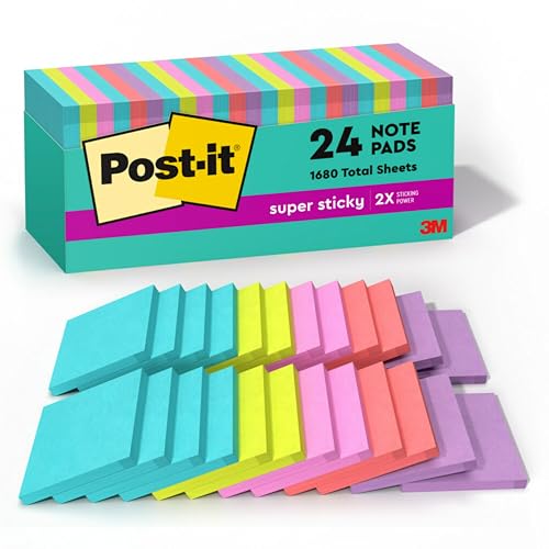 Post-it Super Sticky Notes, 3 x 3 in, Supernova Neons, 24 Pads | School Supplies and Oﬃce Supplies, 2X the Sticking Power - size: 24 Pads – 70 Sheets Each