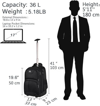MATEIN Rolling Backpack, 17 inch Water Resistant Wheeled Laptop Backpack, Carry on Luggage Business Bag, Overnight College Computer Bag Trolley Suitcase for Men Women Adults to Travel, Black | Backpack with Wheels, 17 inch Laptop Backpack, 36 L Main Compa