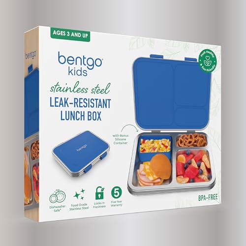 Bentgo Kids Stainless Steel Leak-Resistant Lunch Box - 3-Compartments with Bonus Silicone Container, Durable, Eco-Friendly, Dishwasher Safe, BPA-Free, Ideal for School, Ages 3+ (Blue) - color: Blue