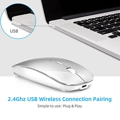 Wireless Mouse for Laptop Cpmputer,Bluetooth Mouse for MacBook,Silver | Rechargeale Dual Mode(USB 2.4Ghz + Bluetooth 5.2) Silent Portable Cordless Mice with USB C Adapter