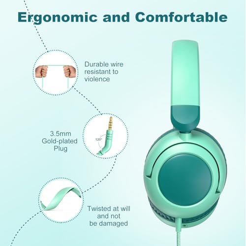 V8 Kids Headphones,Wired Headphones with Mic, 85/94dB Volume Limiter, Tangle-Free 3.5mm Jack, Stereo Sound, Shared Interface, Adjustable Portable Headphones for School & Travel （Green） - color: Green