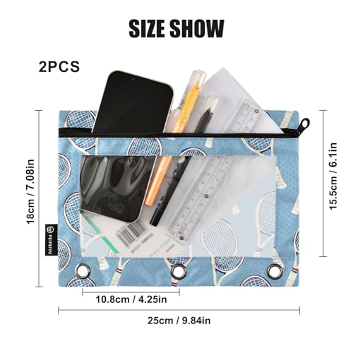 ALAZA Tennis Racket Blue Pencil Pouch for 3 Ring Binder 2 Pack Zipper Binder Pencil Bag Case with Clear Window Office Supplies - color: multi714