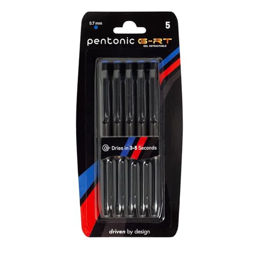 Pentonic G-RT Retractable Gel Pens, 5 Count, Blue Ink, 0.7 mm Fine Point Tip, Ergonomic Grip, Smooth Writing For Journaling, Pens for School & the Office (1016847) - color: Blue