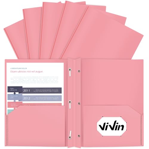 ViVin 12-Pack Durable 3-Prong Plastic Folder, Heavy Duty Pocket Folder with Brads, Pastel Color, Letter Size Poly Folders with 2 Pockets, Cute Folders for Kids, Students, Teachers and Officer (Pink) - color: Pink, size: 12 PACK