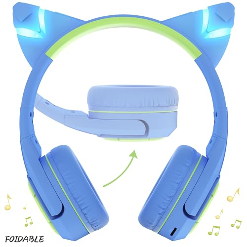 Riwbox CF9 Kids Bluetooth Headphones Cat Ear with LED Light Up,Safe 85dB Volume Limit,Built-in Mic&Boom Mic for Calls,Kids Wireless&Wired Headphones for Tablet/Airplane/School/Online Learning - color: Blue Green