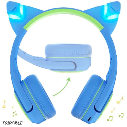 Riwbox CF9 Kids Bluetooth Headphones Cat Ear with LED Light Up,Safe 85dB Volume Limit,Built-in Mic&Boom Mic for Calls,Kids Wireless&Wired Headphones for Tablet/Airplane/School/Online Learning - color: Blue Green