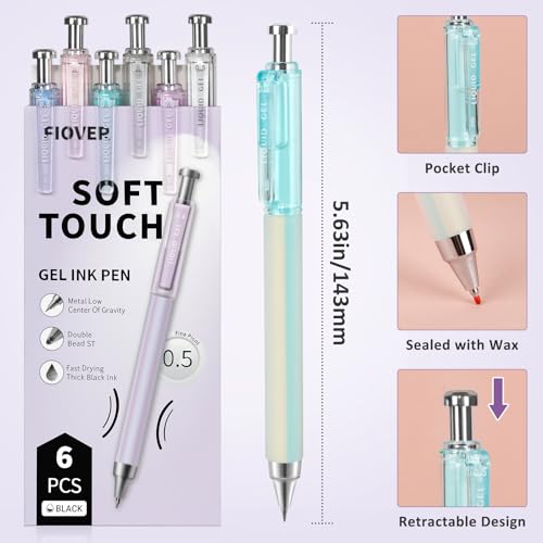 FIOVER 6 Pack 0.5mm Black Gel Pens, Quick Dry Fine Tip Pens with Soft Silicone Grip, Smooth Retractable Pens for Nurses, Teachers, Office & Journaling - color: 6pcs black