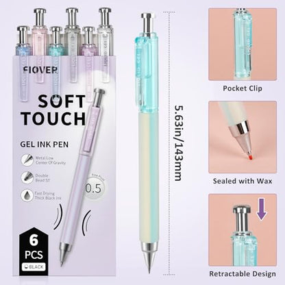 FIOVER 6 Pack 0.5mm Black Gel Pens, Quick Dry Fine Tip Pens with Soft Silicone Grip, Smooth Retractable Pens for Nurses, Teachers, Office & Journaling - color: 6pcs black