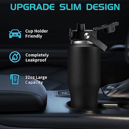 32oz Stainless Steel Water Bottle, Cold-48H & Hot-24H, Water Flask Thermal with Straw & Spout Lids, Pouch, Vacuum Insulated Bottle for Gift Black - color: Black, size: 32 Ounces