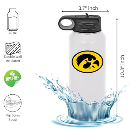 Game Day Outfitters University of Iowa 32oz Stainless Steel Double Walled White Beverage Bottle with Flip Straw Spout - College Gear for Playoff Season – Show your Hawkeye Pride - style: Iowa / White