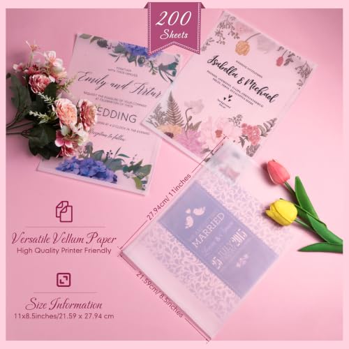Fainne 200 Sheets Translucent Vellum Paper 8.5 x 11-93GSM Printable Vellum Paper for Wedding Invitations Cards Printing Sketching Tracing Drawing Lantern Envelope