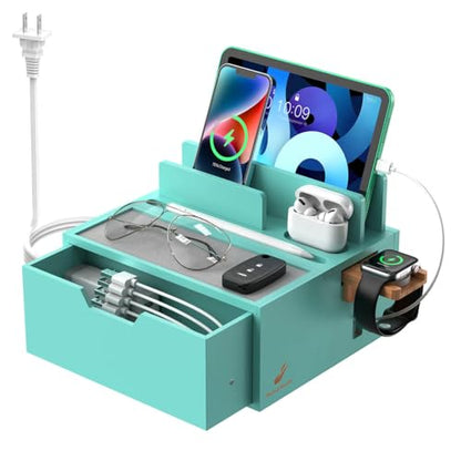Pezin & Hulin Bamboo Charging Station with Power Charger & Cables-Teal | Nightstand Docking Station with Lined Tray & Drawer for Multi Device, Compatible with Tablet, Cell Phones, Watch & Earbuds - color: #3 Bamboo- Teal(With Charger)