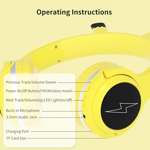 Wireless Kids Headphones with 7-Color LED Lights, 85dB Safe Volume & 40H Playtime – Ultra-Soft Over-Ear for School Travel - color: Yellow