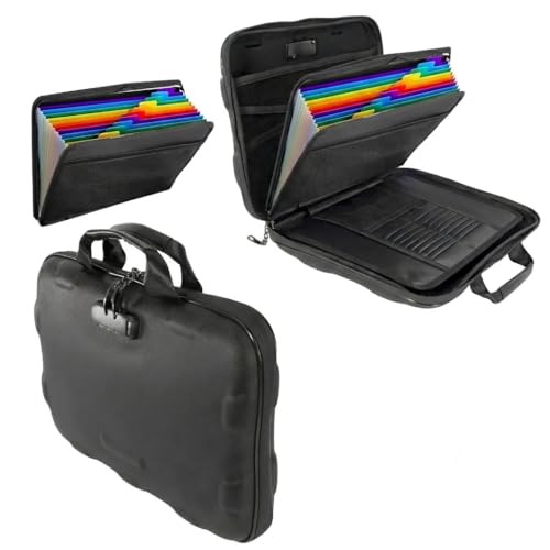 Fireproof Document Box, Hard Case Fireproof File Organizer Box with Lock and 13 Pocket Accordion File Folder, Portable Safe Box for Office Storage Important Documents (With Out Shoulder Strap, Black) - color: Black