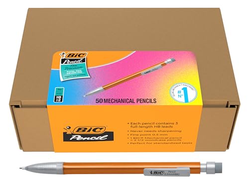 BIC Xtra-Precision Mechanical Pencils with Erasers, Orange Barrel, Fine Point (0.5mm), 50-Count Pack - color: Orange