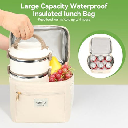 Voova Stackable Stainless Steel Thermal Lunch Box with Lunch Bag for Women Men Adult, 2 Tier Leakproof & Microwave Safe Insulated Bento Boxes Food Container for Work, Beige - color: Beige