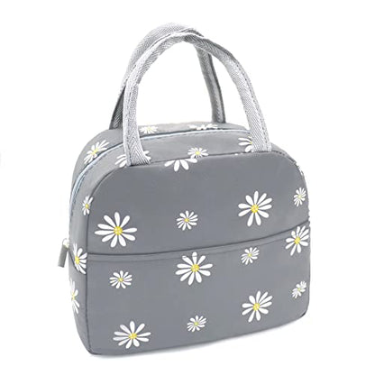 Sonuimy Insulated Lunch Bag Women Girls, Reusable Cute Tote Lunch Box for Adult & Men, Leakproof Cooler Lunch Bags for Work Office Travel School Picnic (Grey with White Daisy) - color: Grey with White Daisy