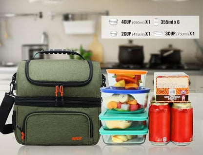 MIER Dual Compartment Lunch Bag Tote with Shoulder Strap for Men and Women Insulated Leakproof Cooler Bag, Army Green - color: Green
