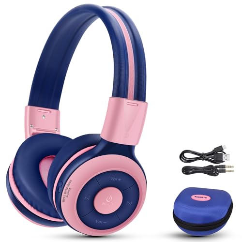 SIMOLIO Kids Wireless Headphones with Mic for School, 75/85/94dB Safe Volume, Share Port, Travel Case, AUX Cord, USB C Charging, Bluetooth Headsets for Boys/Girls/Children/iPad/Tablet/Airplane/Travel - color: Bubblegum Pink
