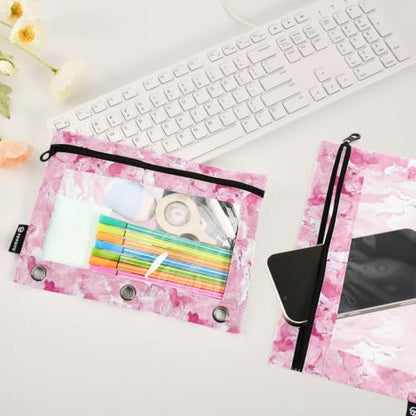 Gredecor 3 Ring Binder Pencil Pouch, Camouflage Ink Pink Zippered Pen Case Pouches with Clear Window, 2 Pack Stylish Office & School Supplie - color: Camouflage Ink Pink