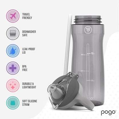 Pogo BPA-Free Tritan Plastic Water Bottle with Soft Straw Lid, 18 Oz, Grey - color: Grey