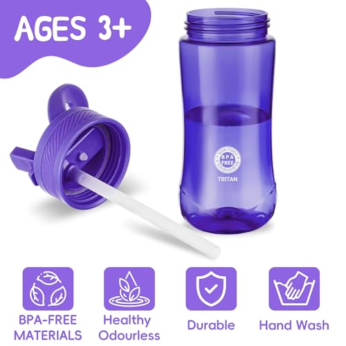 14oz Clear Kids Water Bottle with Straw Lid, BPA-Free Tritan, Measurement Scale, Sturdy Handle Wide Mouth Leak-proof Reusable Plastic Bottle for Boy& Girls, Back to School(Dark Purple) - color: Dark Purple