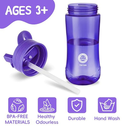 14oz Clear Kids Water Bottle with Straw Lid, BPA-Free Tritan, Measurement Scale, Sturdy Handle Wide Mouth Leak-proof Reusable Plastic Bottle for Boy& Girls, Back to School(Dark Purple) - color: Dark Purple