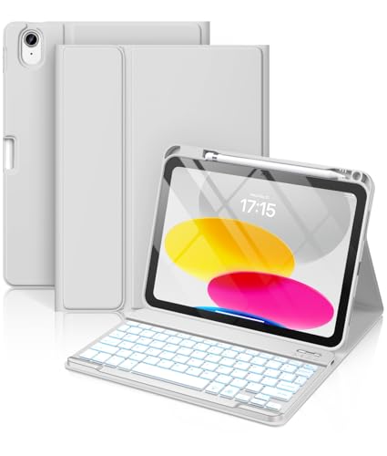 Hamile for iPad 11th 10th Generation Case with Keyboard - 7 Colors Backlit Wireless Detachable Folio Keyboard Cover with Pencil Holder for iPad A16 11-inch 2025 10th Gen 10.9 Inch 2022 (Light Gray) - color: Light Gray