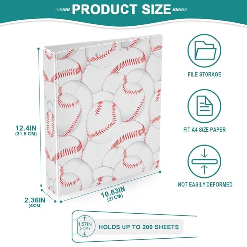 3 Ring Binder with Clipboard, D Rings Holds 200 Sheets, Heavy Duty Binders Folder for School Office, Waterproof PVC Cover with 3 Interior Clear Pockets, Baseball Stitches