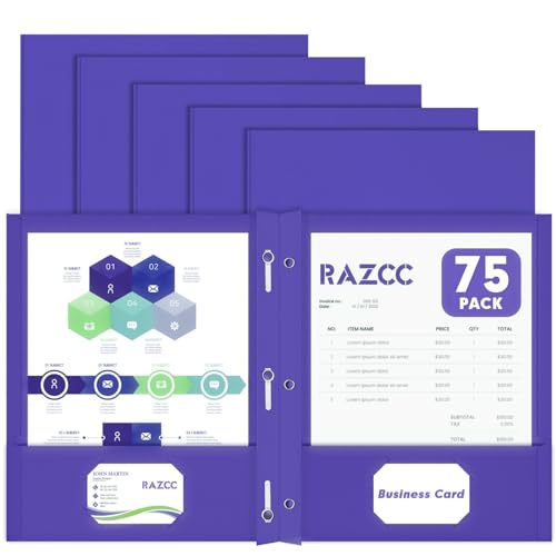 Two Pocket Folders, RAZCC 75 Pack Two Pocket Folders with Prongs, 3 Prong Folders Fit Letter Size Paper, Pocket File Folders for School Office Home Business, Purple - color: Purple
