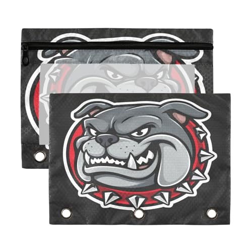 Kcldeci Pencil Pouch for 3 Ring Binder, Bulldog Angry Head Mascot 2 Pack Binder Pencil Pouch with Clear Window Pencil Bags with Zipper Pencil Case for Binder - color: Multicolored-a09