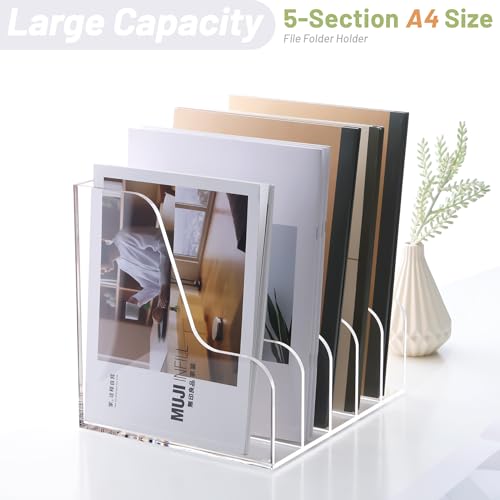 SANRUI Acrylic File Organizer, Compact Desk Organizer for Folders, Binders, Notebooks, Envelopes, Clear Magazine File Holder, 5 Section Bookshelf for School Home Office Organization, A4 - size: A4,5 Sections